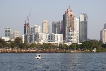 Swan boat in a lake in Benjakiti Park, Bangkok, Thailand