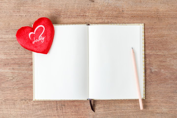 Blank open notebook with red heart, Business template mock up fo