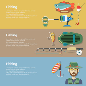Fishing banners. Flat style. Vector illustration.