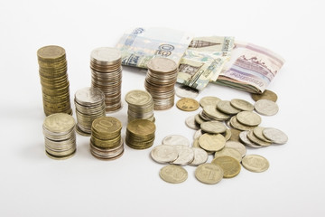 stacks of coins. The RUB of various denominations