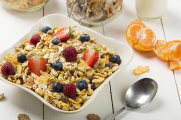 Light, delicious breakfast with cereal and fruit.