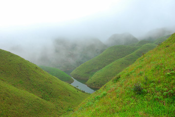 The color fog mountains and lake in Spring