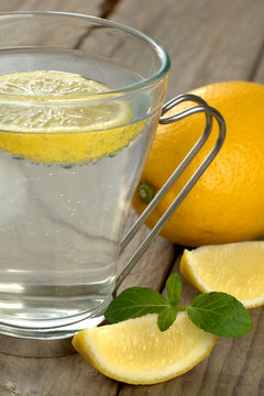 Mineral water with slices of lemon and mint