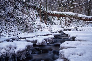 Frozen Small Stream in Mountain with Icicles