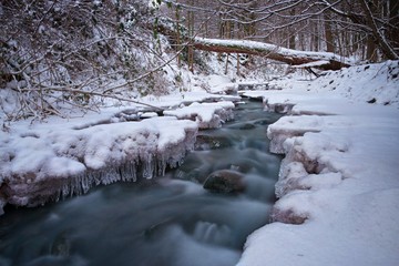 Frozen Small Stream in Mountain with Icicles
