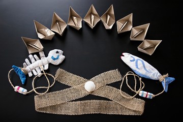 Decorative Elements in Navy Marine Style on Wooden Background