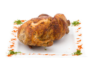 baked fried chicken carcass isolated on white