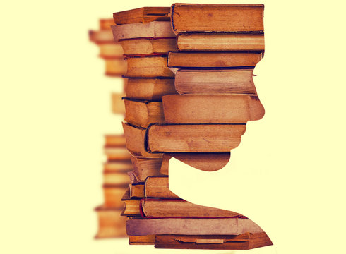 Double Exposure Portrait Of Young Woman And Stack Of Books. Education.