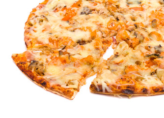 Pizza with cheese and ham isolated on white