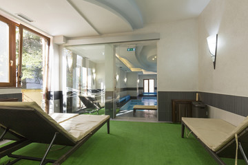 Sunbeds in hotel spa center