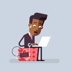 African american man trying to finish the job on time. Deadline business concept. Vector illustration in flat design.