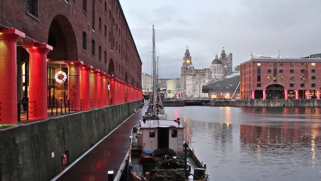 Liverpool's Historic Waterfront Buildings At Dusk 
