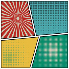 Abstract Creative concept vector comics pop art style blank layout template with clouds beams and isolated dots pattern on background. For Web and Mobile Applications, illustration template design.