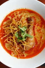 Curried noodles soup with chicken, Chiang Mai noodles