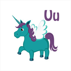 Unicorn. Funny Alphabet, Animal Vector Illustration