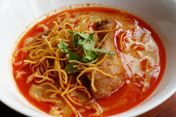 Curried noodles soup with chicken, Chiang Mai noodles