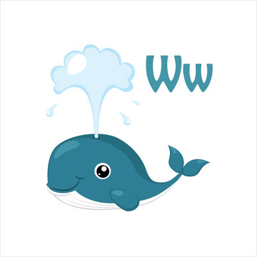 Whale. Funny Alphabet, Animal Vector Illustration