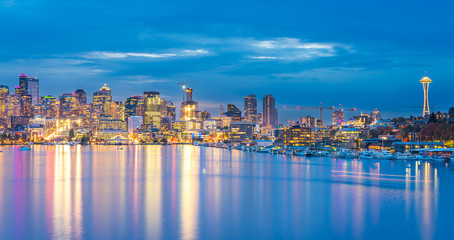 scenic view of Seattle cityscape in the night time with reflection in the water,Washington,usa.
