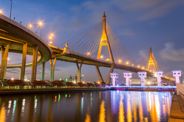 The bridge crosses the Chao Phraya River, Bhumibol Bridge or Ind