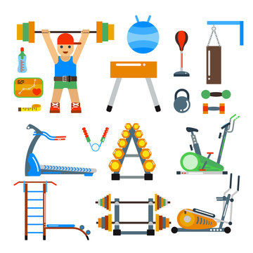 Fitness gym club vector icons. Athlet and sport tools. Sportsman silhouette, bicycle track, damn ladder, fitball