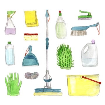 Set of cleanings tools on white background.