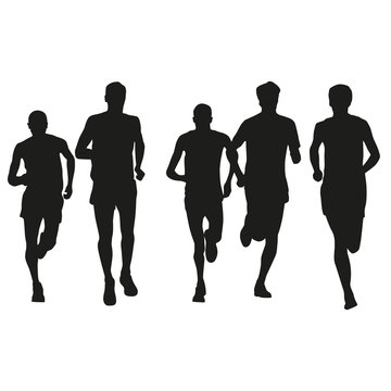 Set of runners silhouettes. Running men. Front view,