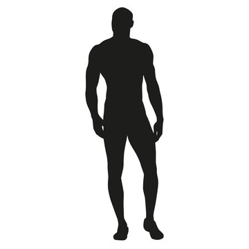 Muscular man stands, rippling athlete, sprinter, hero. Vector si