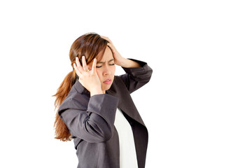 portrait of  businesswoman having headache  isolated on white background