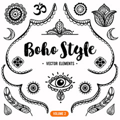 Set of Ornamental Boho Style Elements. Vector Drawing.