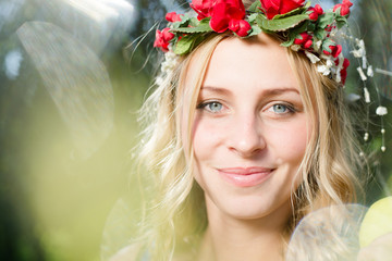 Naklejka premium joyful happy blond woman with the sun shining rays flare