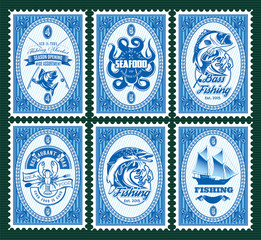 Obraz premium set template of stamps with elements fishing, seafood