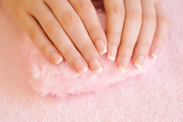 Naklejka premium Woman hands with beautiful french manicure