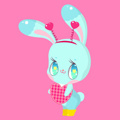 Little bunny holding a heart on a pink background 