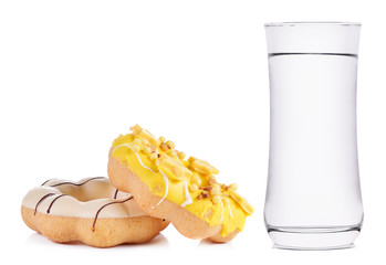 donut and glass of water isolated on white background