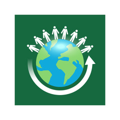 Vector image of a globe with people above and an arrow circling, on a green background