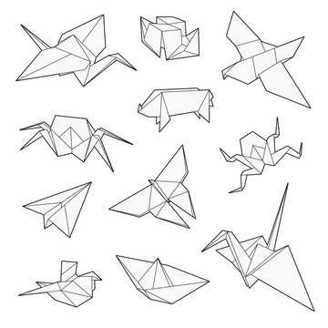 Origami vector set, Crane, bird, boat, paper plane. Un-expanded strokes