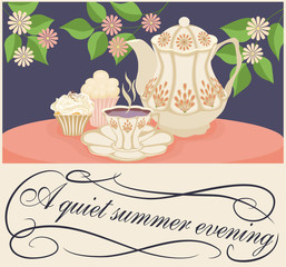 Obraz premium Teapot and Cup with designs on patterned tablecloths.