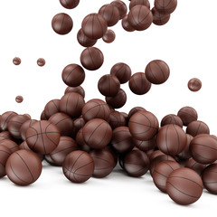 Heap of Basketball Balls Falling on white background. Sport and Recreation Concept