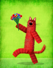 Red Fluffy Cat Walking with Bunch of Flowers