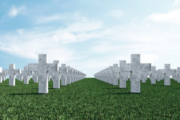 Fototapeta na wymiar Crosses in Cemetery Memorial on Green Field with Clouds