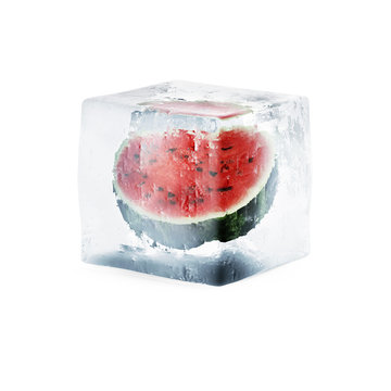 Sliced Watermelon in Ice Cube isolated on white background
