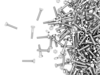 Heap of Metal Steel Bolts and Screw Nuts isolated on white background. Industrial Background