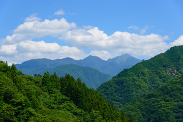 Fototapeta na wymiar Southern Japan Alps and Shimoguri village in Iida, Nagano, Japan