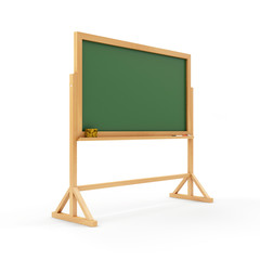 Portable Empty Green Chalkboard or School Blackboard with Piece of Chalk and a Sponge isolated on white background. Education Concept