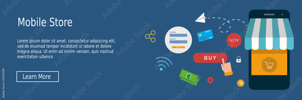 Aufkleber store flat design concept for website template - web banner or header vector