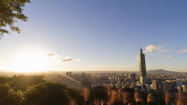 4K timelapse of aerial view of Xinyi District, Taipei, from sunset to twilight, Taiwan