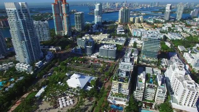 Aerial footage of South Pointe Park Miami Beach FL