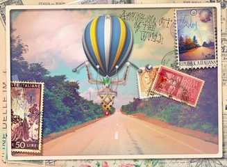 Foto auf Acrylglas Vintage Postkarte mit Allee, Heißluftballon und alten Briefmarken © Rosario Rizzo