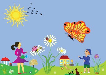 Background, scenery spring and summer period.  Vector illustration of happy family and animals with the arrival of the spring seasonal.