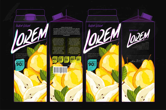 Template Packaging Design Pear Juice. Concept design of Fruit Juice. Abstract Cardboard Box for Juice. Vector Packaging of Pear Juice. Packaging Elements of Cardboard Box Template